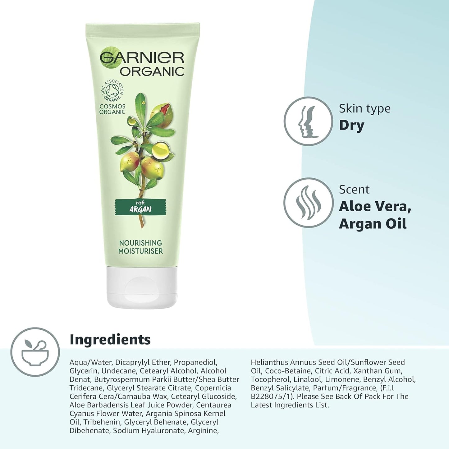SkinActive Face Garnier Organic Argan Nourishing Daily Face Moisturiser Day Cream for Dry and Sensitive Skin, Aloe Vera,s 50 ml
