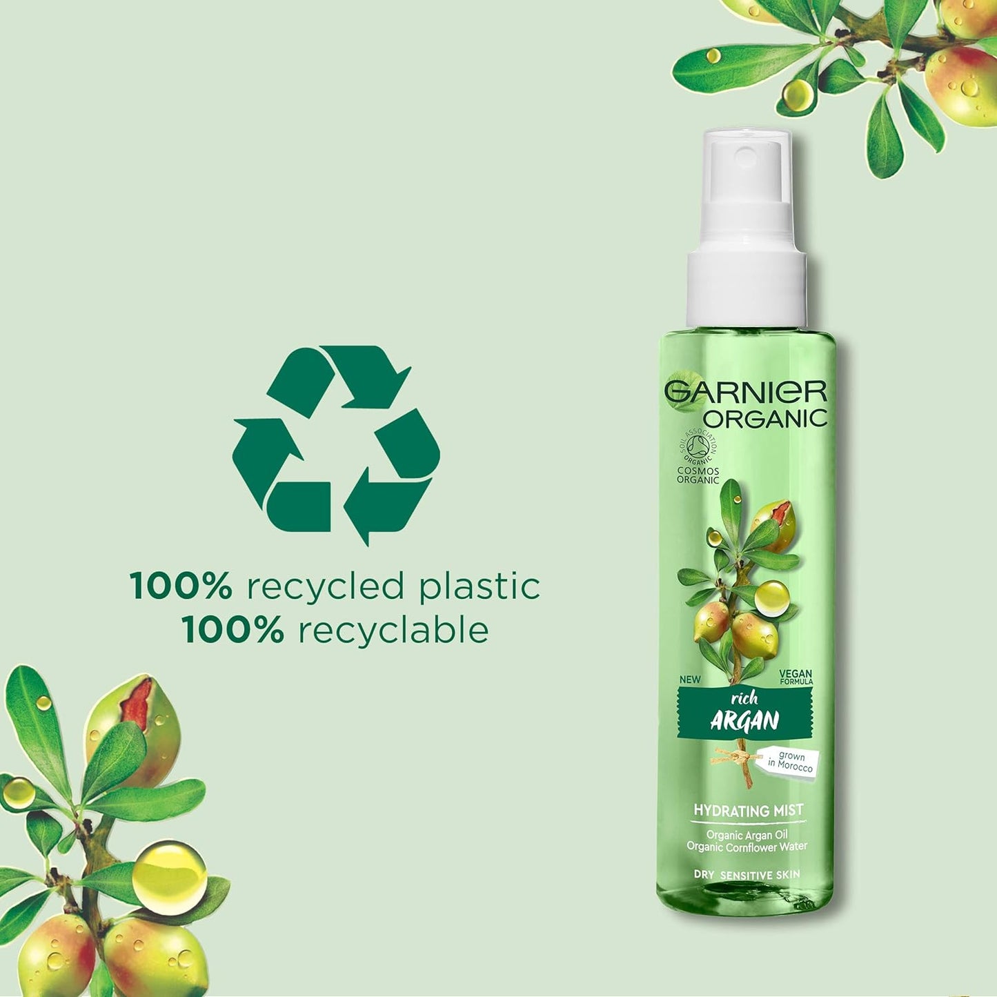 Garnier Organic Argan Hydrating Facial Spray Mist for Dry and Sensitive Skin, Hydrating and Refreshing Face Mist 150 ml