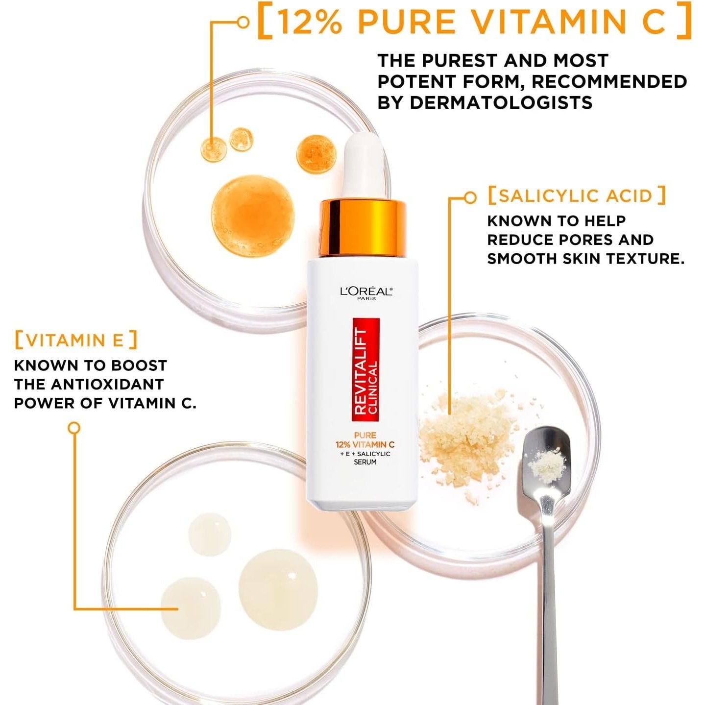 L'Oréal Paris Revitalift Clinical 12% Pure Vitamin C Brightening Serum for Face, Powerful Antioxidant Protection, Brighter & Smoother Skin, includes Hyaluronic Acid, Salicylic Acid, Vitamin C