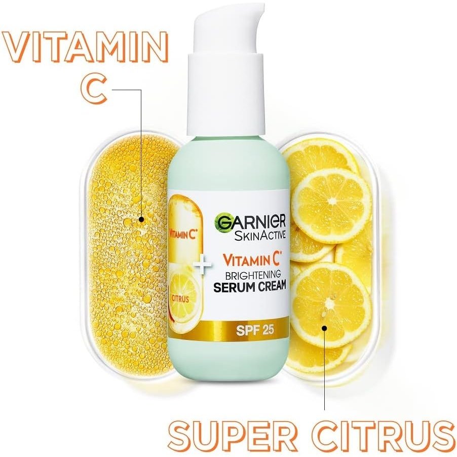 Garnier Vitamin C Serum Cream, 2in1 Formula With 20% Vitamin C serum & SPF 25 Moisturiser, Hydrate & Reveal Bright Glowing Skin, Organic & Vegan Formula, 50ml