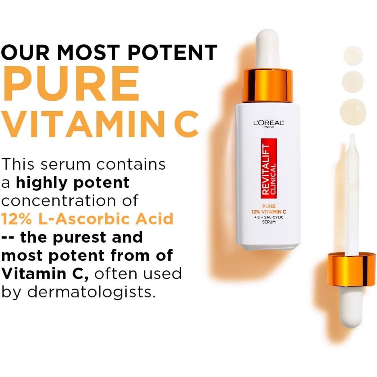 L'Oréal Paris Revitalift Clinical 12% Pure Vitamin C Brightening Serum for Face, Powerful Antioxidant Protection, Brighter & Smoother Skin, includes Hyaluronic Acid, Salicylic Acid, Vitamin C