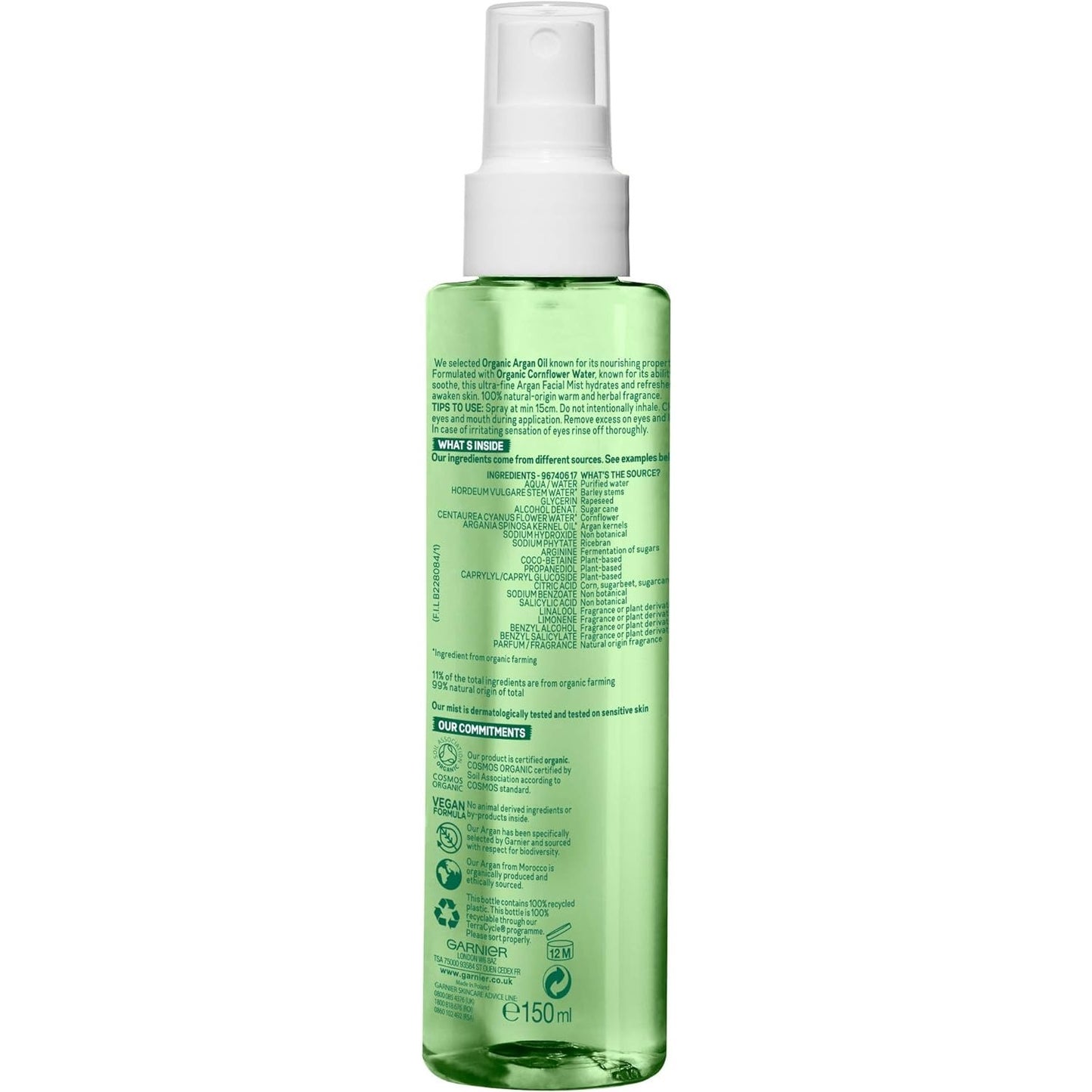 Garnier Organic Argan Hydrating Facial Spray Mist for Dry and Sensitive Skin, Hydrating and Refreshing Face Mist 150 ml