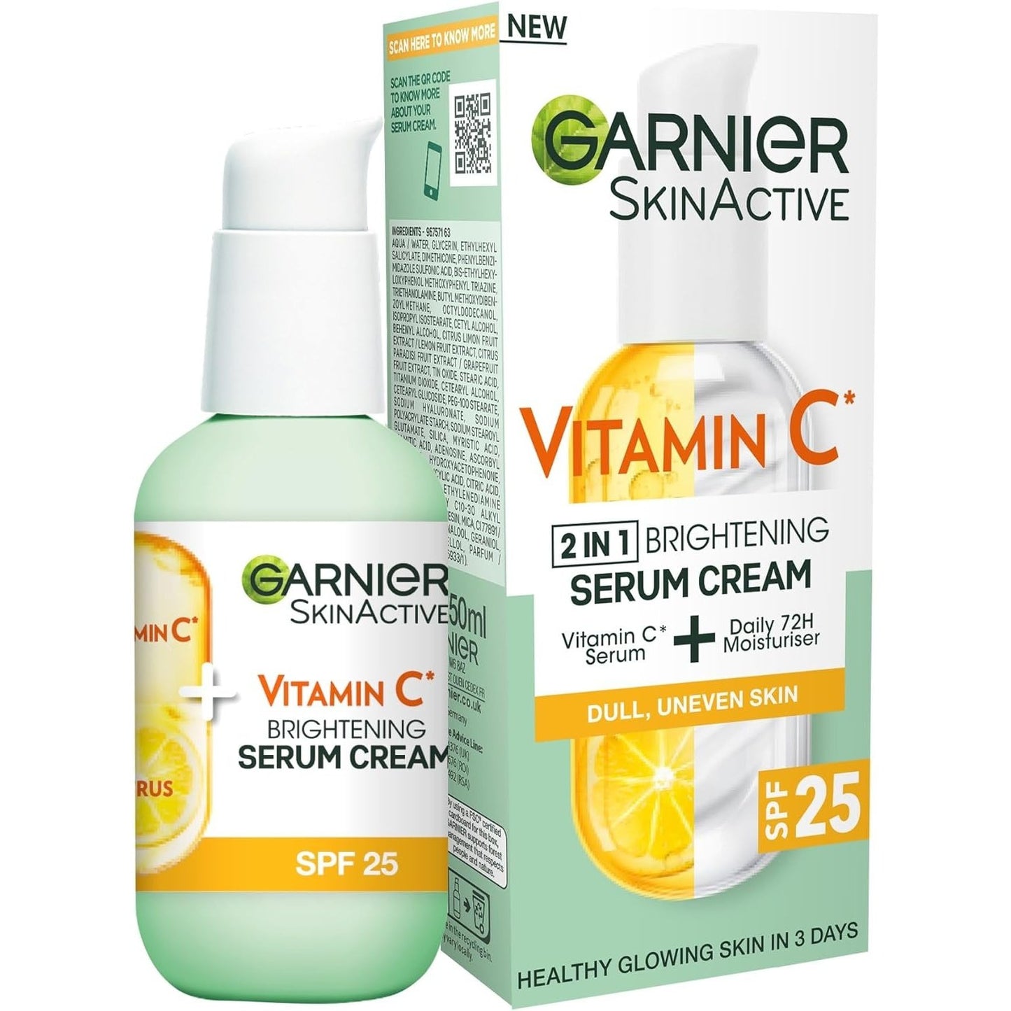 Garnier Vitamin C Serum Cream, 2in1 Formula With 20% Vitamin C serum & SPF 25 Moisturiser, Hydrate & Reveal Bright Glowing Skin, Organic & Vegan Formula, 50ml