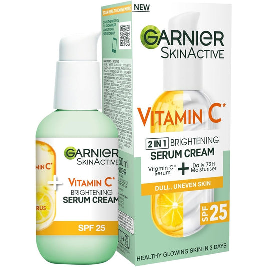 Garnier Vitamin C Serum Cream, 2in1 Formula With 20% Vitamin C serum & SPF 25 Moisturiser, Hydrate & Reveal Bright Glowing Skin, Organic & Vegan Formula, 50ml