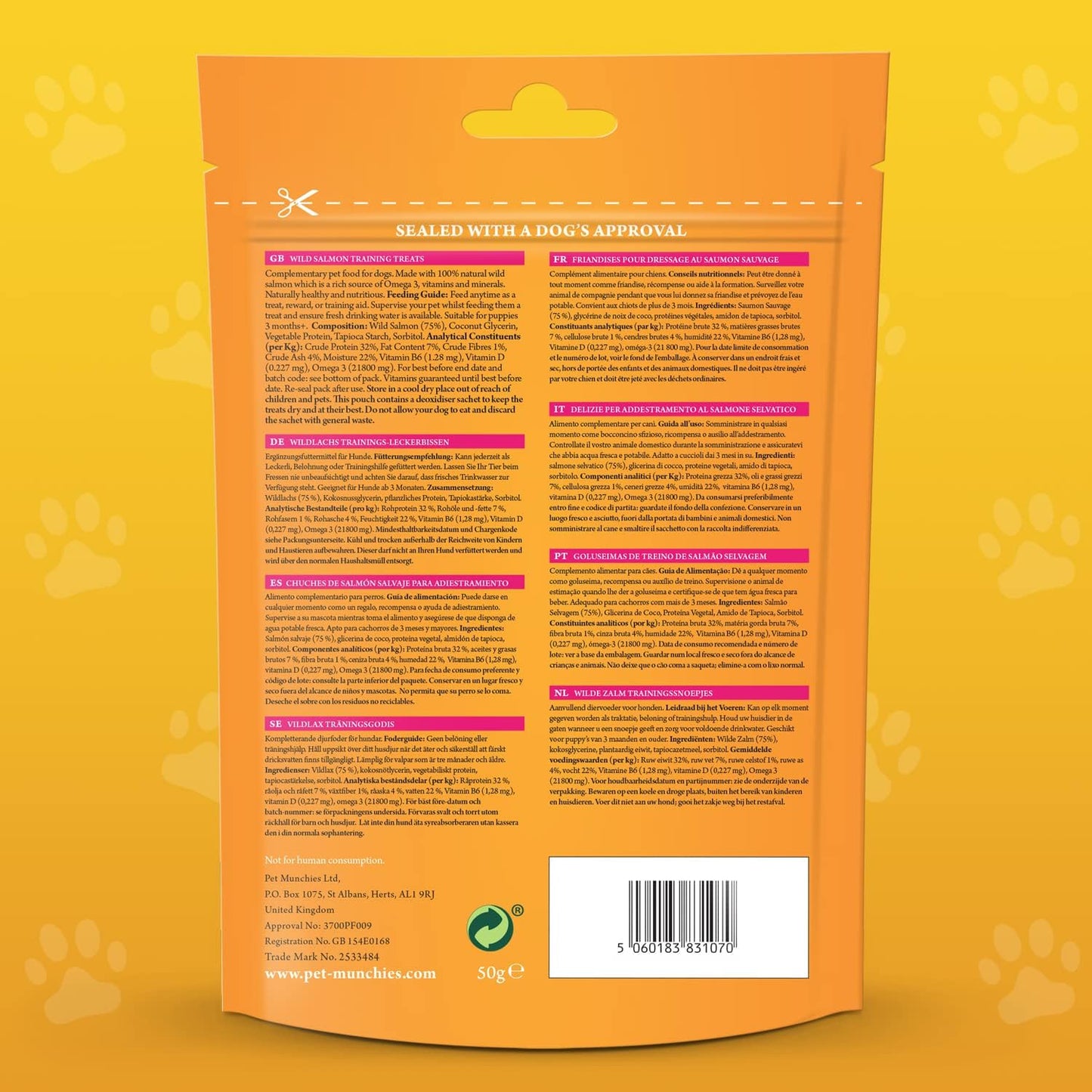 Pet Munchies Wild Salmon Dog Training Treats, Grain Free Tasty Bites with Natural Real Meat 50g (Pack of 8)